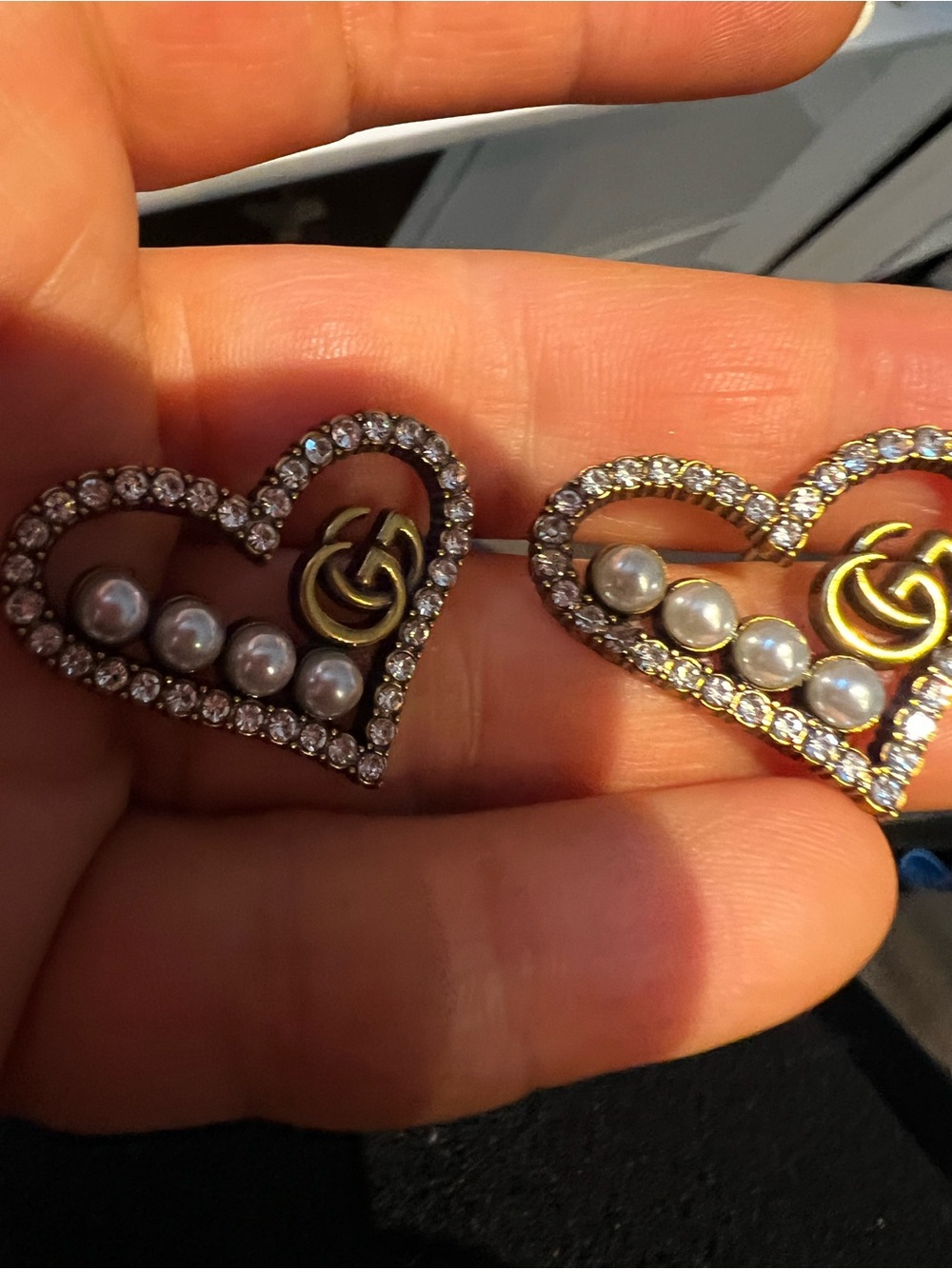 Gold-Tone Pearl & Crystal Heart Earrings with Interlocking Logo Accent